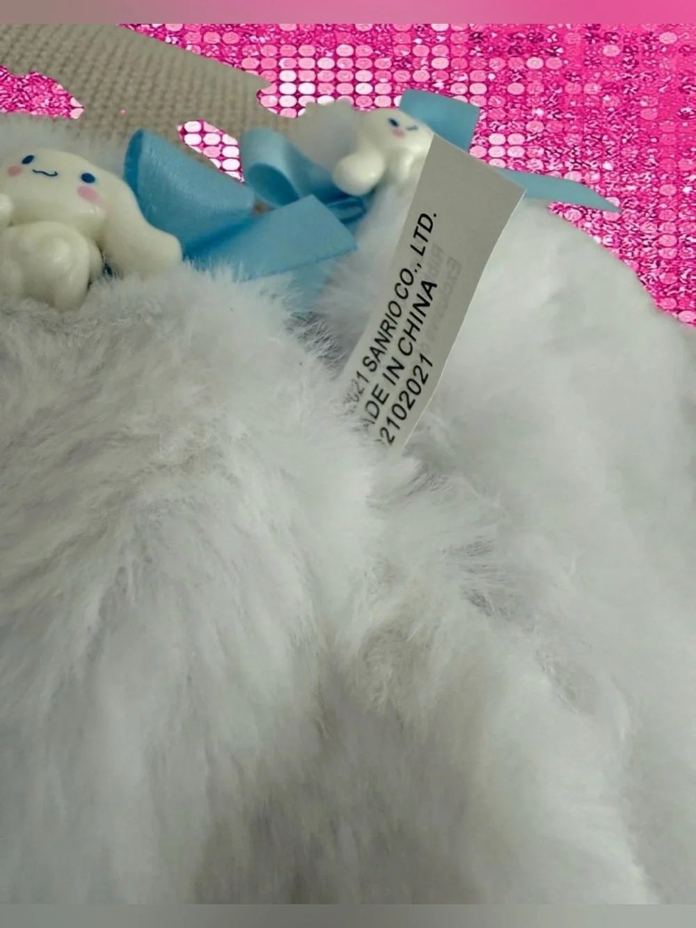 Sanrio Cinnamoroll ears white fluffy hair clips with blue ribbon